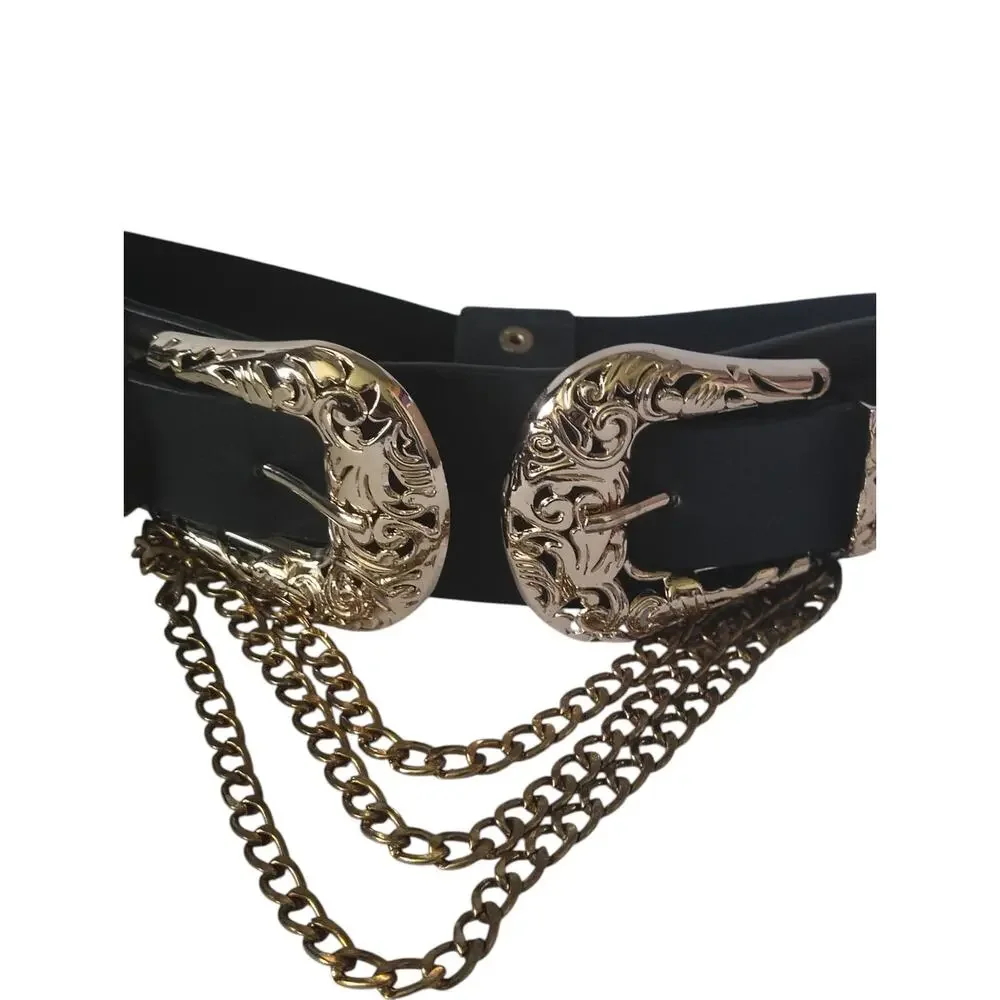 Y2K Western Double Buckle Chain Waist Belt Black Elastic Cowgirl Festival